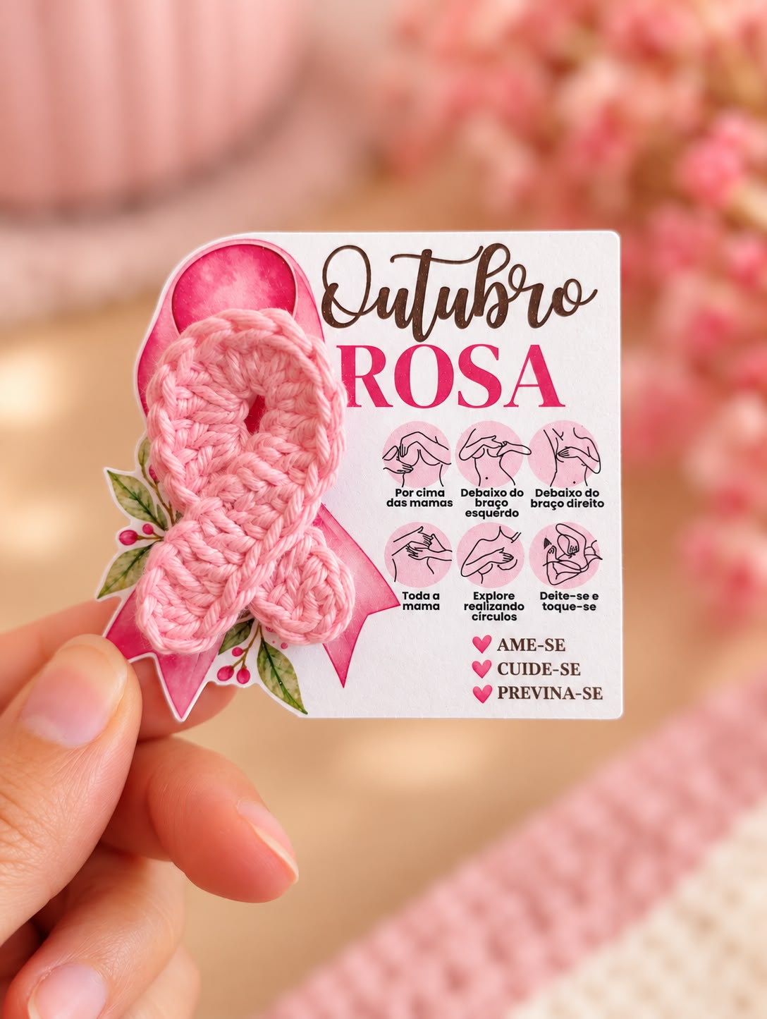 Card Outubro Rosa com broche de laço rosa feito em crochê